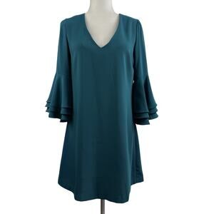 Anna Cate Mini Shift Dress XS Teal Green 3/4 Ruffle Bell Sleeve V Neck Holiday